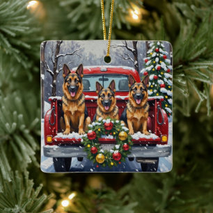Tysk Shepherd Jul Röda Lastbil Holiday Julgransprydnad Keramik