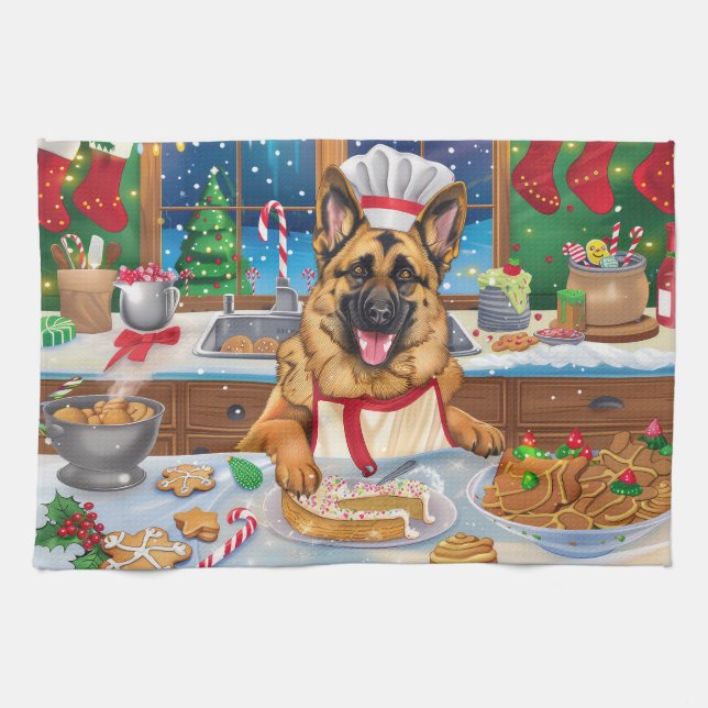 Tysk Shepherd Julbakning: Festlig jul Kökshandduk (Horisontell)