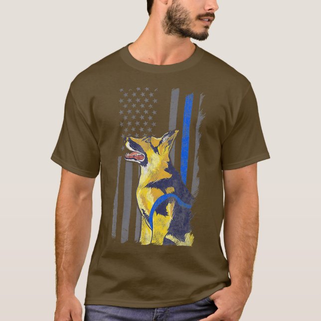Tysk Shepherd K9 Unit US Police Hund Thin Blue T Shirt (Framsida)