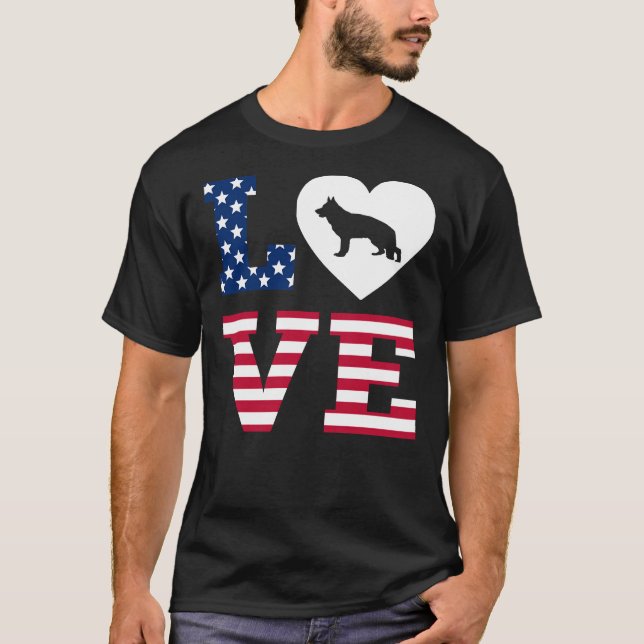 Tysk Shepherd Kärlek Heart American Flagga T Shirt (Framsida)