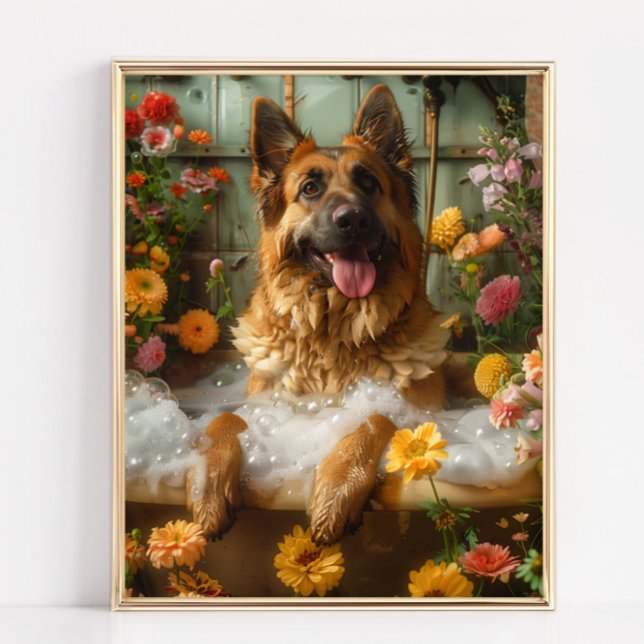 Tysk Shepherd konst, tysk herdehund i badkaret Poster (German Shepherd Art - German Shepherd enjoying a relaxing bath full of bubbles and beautiful flowers)