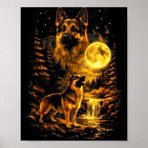Tysk Shepherd Månljust Natt Konst Hund Ylar Vid M Poster