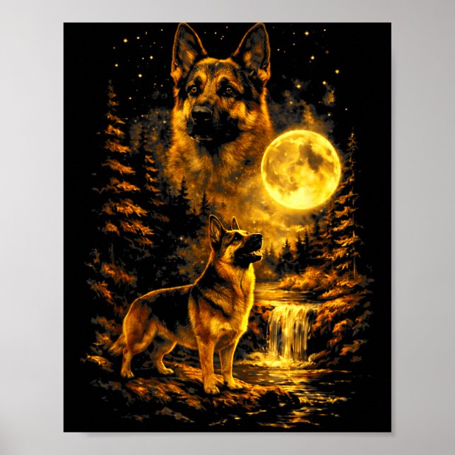Tysk Shepherd Månljust Natt Konst Hund Ylar Vid M Poster (Framsidan)