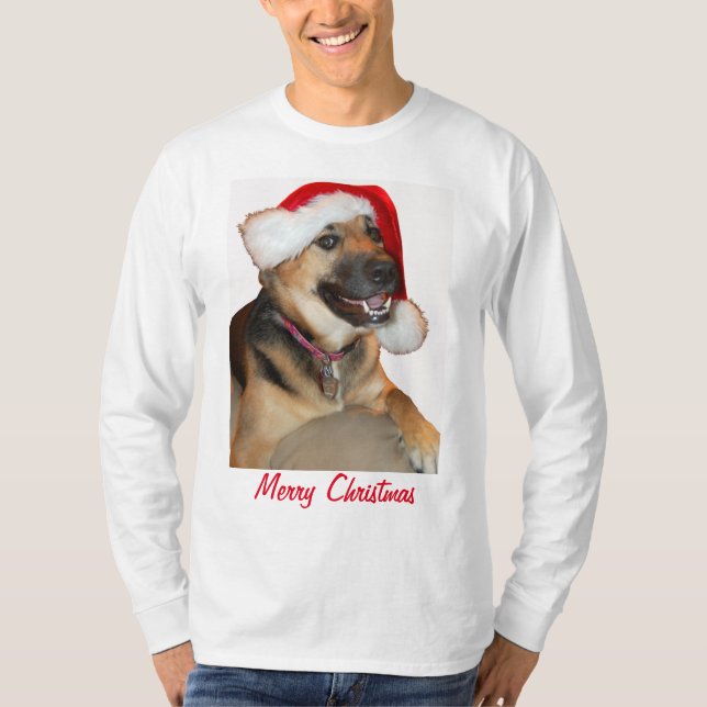 Tysk Shepherd med Jultomten Hat T Shirt (Framsida)