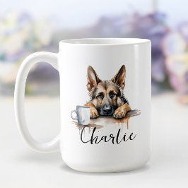 Tysk shepherd med kaffe mugg, hund med attityd kaffemugg