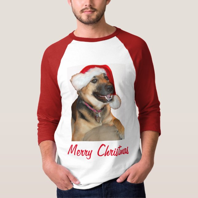 Tysk Shepherd med tomten Hat T Shirt (Framsida)