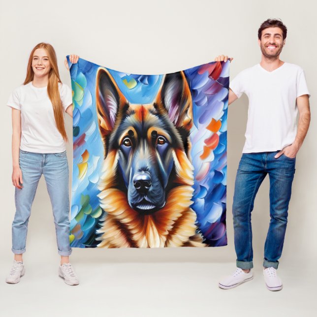 Tysk Shepherd Painting Blue Background Fleecefilt (På plats)
