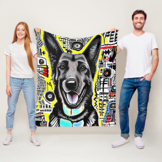 Tysk Shepherd Pop Art med GSD, Gult Red Blue Fleecefilt