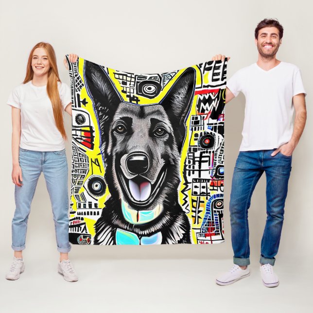 Tysk Shepherd Pop Art med GSD, Gult Red Blue Fleecefilt (På plats)