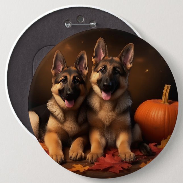 Tysk Shepherd Puppy Autumn Delight Pumpkin Knapp (Framsida & baksida)