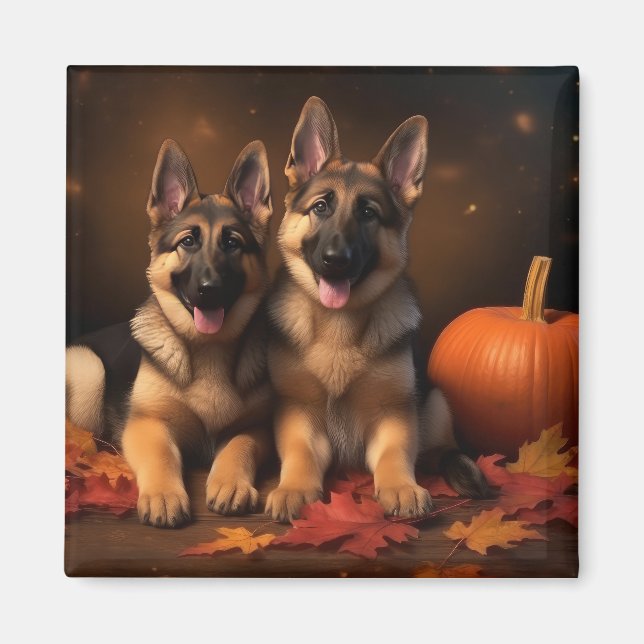 Tysk Shepherd Puppy Autumn Delight Pumpkin Magnet (Framsidan)