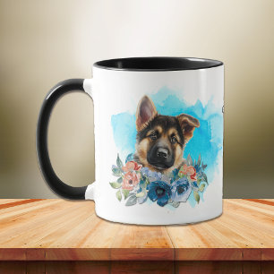 Tysk Shepherd Puppy Blue-Blommigt Mugg