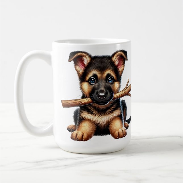 Tysk Shepherd Puppy Holding a Stick in sin mun Kaffemugg (Vänster)