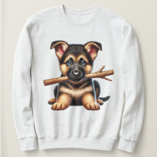 Tysk Shepherd Puppy Holding a Stick in sin mun T Shirt