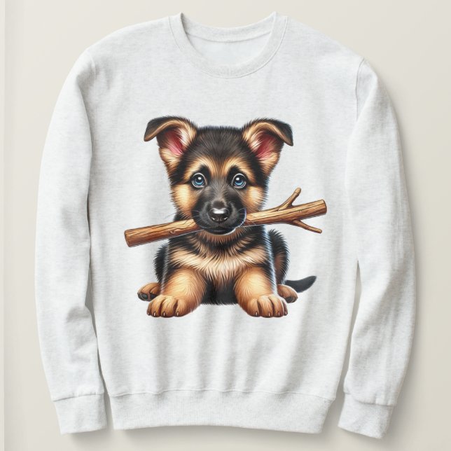 Tysk Shepherd Puppy Holding a Stick in sin mun T Shirt (Design framsida)