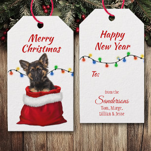 Tysk Shepherd Puppy i Santa Bag Gift-Märkre Presentetikett