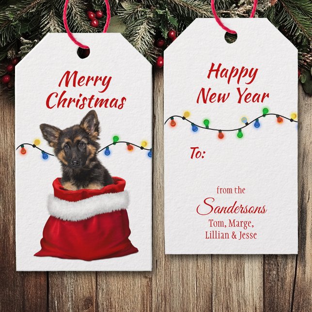 Tysk Shepherd Puppy i Santa Bag Gift-Märkre Presentetikett (Skapare uppladdad)