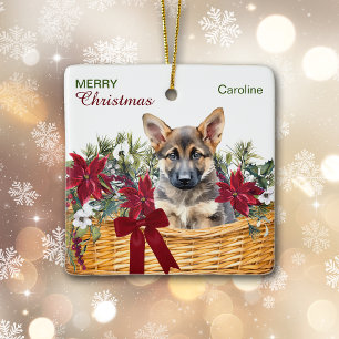 Tysk Shepherd Puppy Poinsettia jul Basket Julgransprydnad Keramik