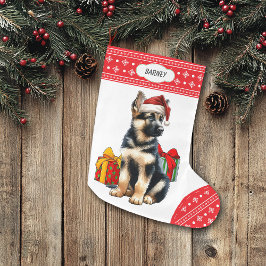 Tysk Shepherd Puppy Santa Hat Snowflake Stor Julstrumpa