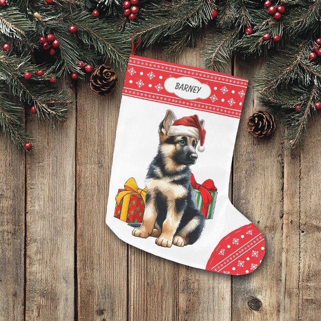 Tysk Shepherd Puppy Santa Hat Snowflake Stor Julstrumpa (Skapare uppladdad)