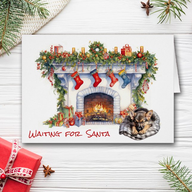 Tysk Shepherd Puppy Vänta på Santa Fireplace Hälsningskort (Skapare uppladdad)