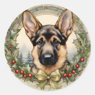 Tysk Shepherd Puppy Vintage Helgdag Stickers Runt Klistermärke