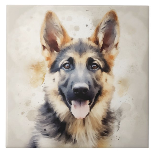Tysk shepherd Puppy, Watercolor art Kakelplatta (Framsidan)