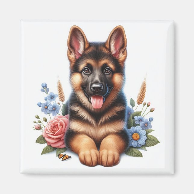 Tysk Shepherd Puppy with Flowers Magnet (Framsidan)