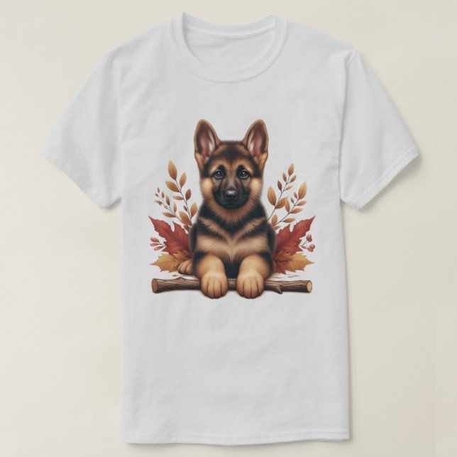 Tysk shepherd Puppy With Höst löv T Shirt (Design framsida)