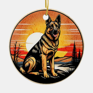 Tysk Shepherd Retro Solnedgång Hundälskare Julgransprydnad Keramik