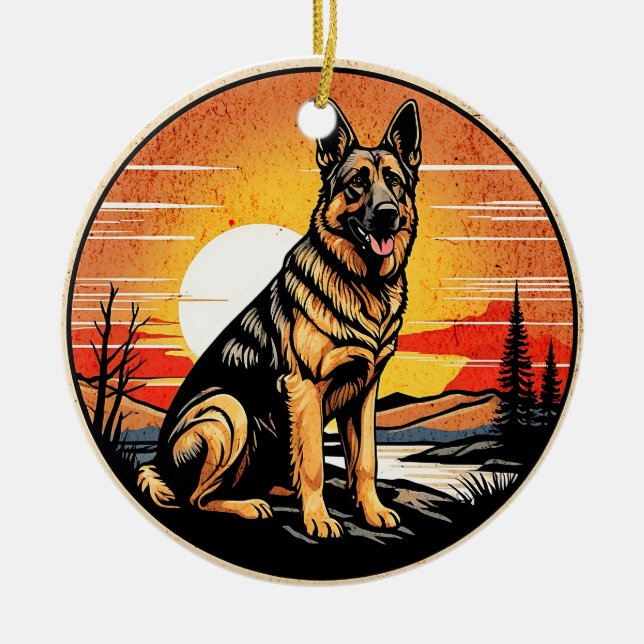 Tysk Shepherd Retro Solnedgång Hundälskare Julgransprydnad Keramik (Framsidan)