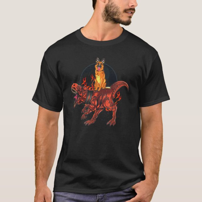 Tysk Shepherd Riding Dinosaur Rex Puppy T Shirt (Framsida)