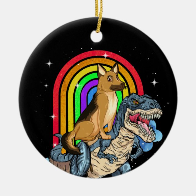 Tysk Shepherd Riding Dinosaur T rex Rainbow Julgransprydnad Keramik (Framsidan)