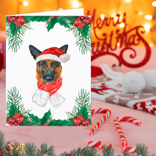 Tysk Shepherd Röd och Grön Grönska Jul Helgkort (Skapare uppladdad)