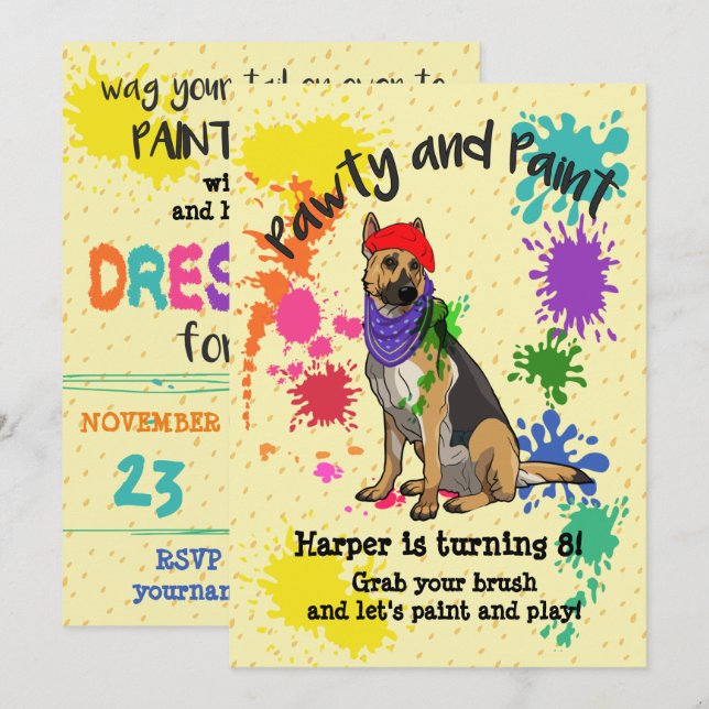 Tysk Shepherd Roligt Art Födelsedagsfest inbjudan (Fram/baksida)