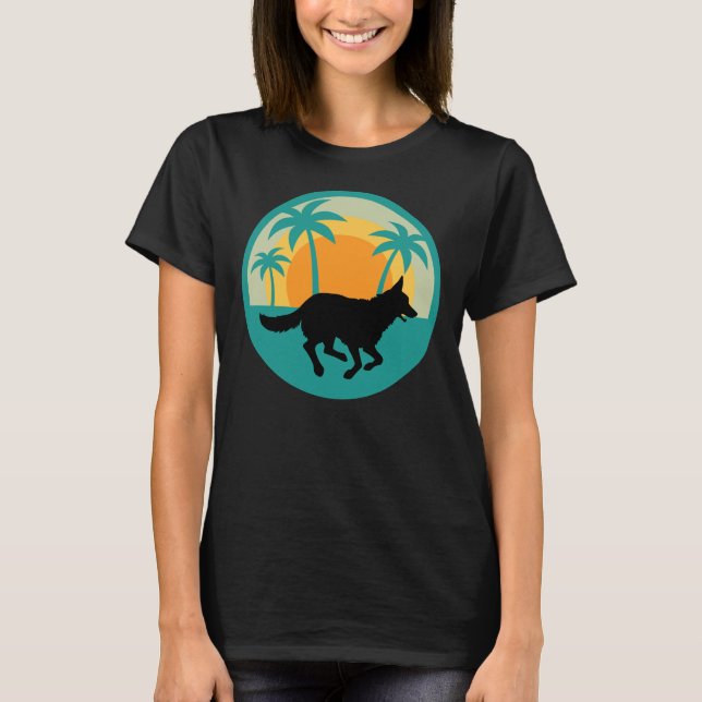 Tysk Shepherd Running Silhouette Blue Handflatan T Shirt (Framsida)