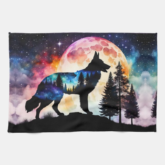 Tysk Shepherd Silhouette på berget Måne Kökshandduk (Horisontell)