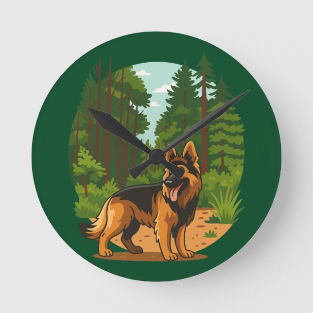 Tysk Shepherd Skogsäventyr Hund  Rund Klocka (Framsida)