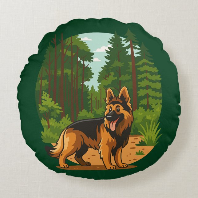 Tysk Shepherd Skogsäventyr Hund  Rund Kudde (Framsidan)