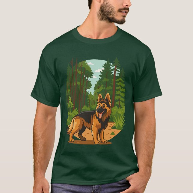 Tysk Shepherd Skogsäventyr Hund  T Shirt (Framsida)