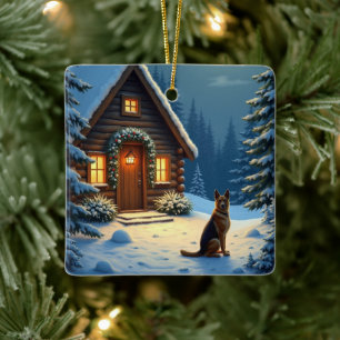 Tysk Shepherd Snöig Skog Stuga Jul Målning Julgransprydnad Keramik