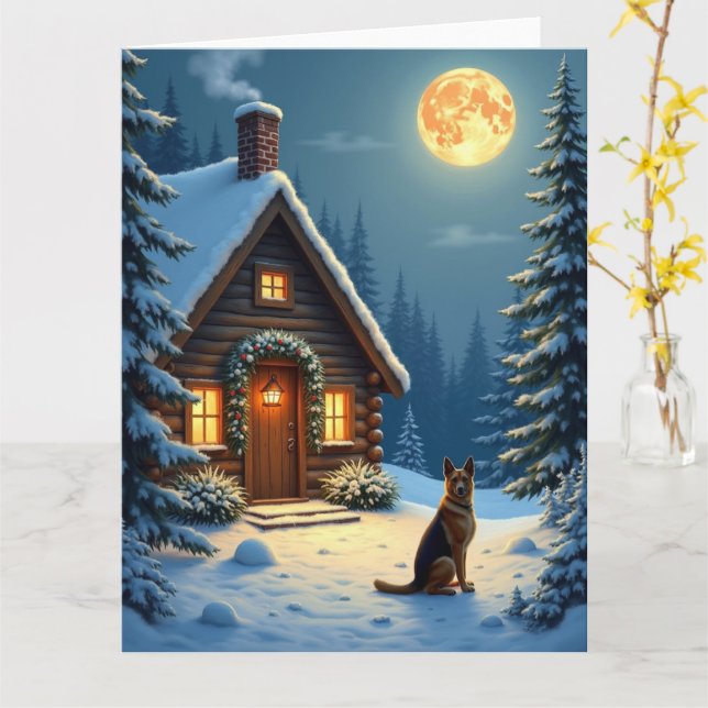 Tysk Shepherd Snöig Skog Stuga Jul Målning Kort (Gul blomma)