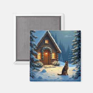 Tysk Shepherd Snöig Skog Stuga Jul Målning Magnet