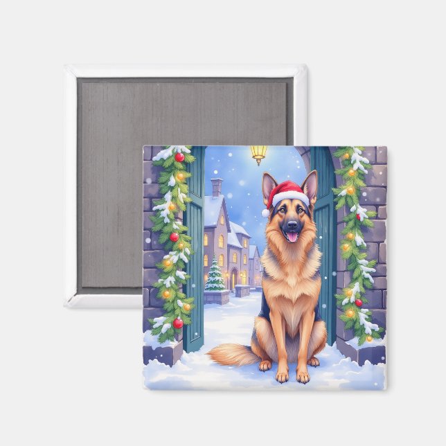Tysk Shepherd Snöig Stad Gate Santa Jul Magnet (Front/Back)
