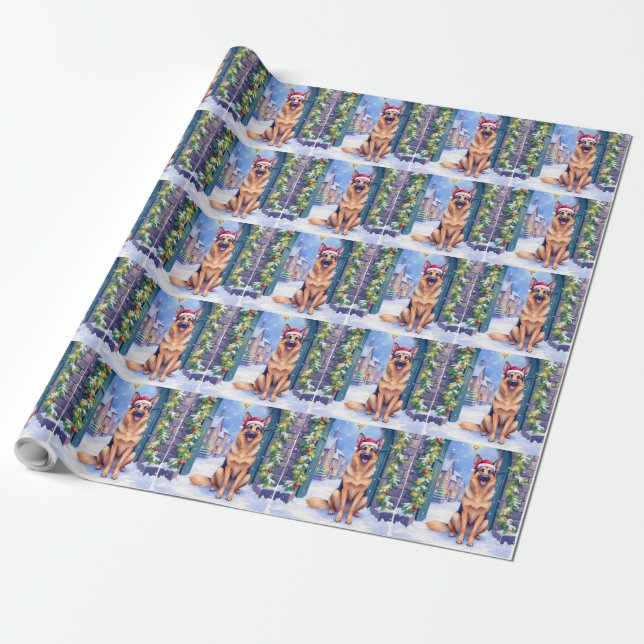 Tysk Shepherd Snöig Stad Gate Santa Jul Presentpapper (Utrullad)