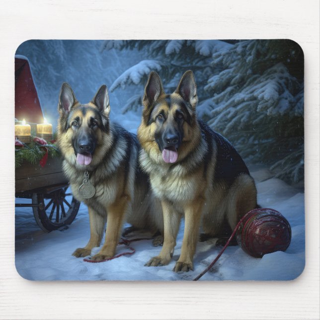 Tysk Shepherd Snöslädjul Juldekoration   Musmatta (Framsidan)