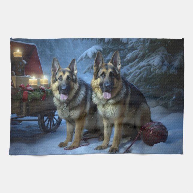 Tysk Shepherd Snowy Sleigh-juldekan Kökshandduk (Horisontell)