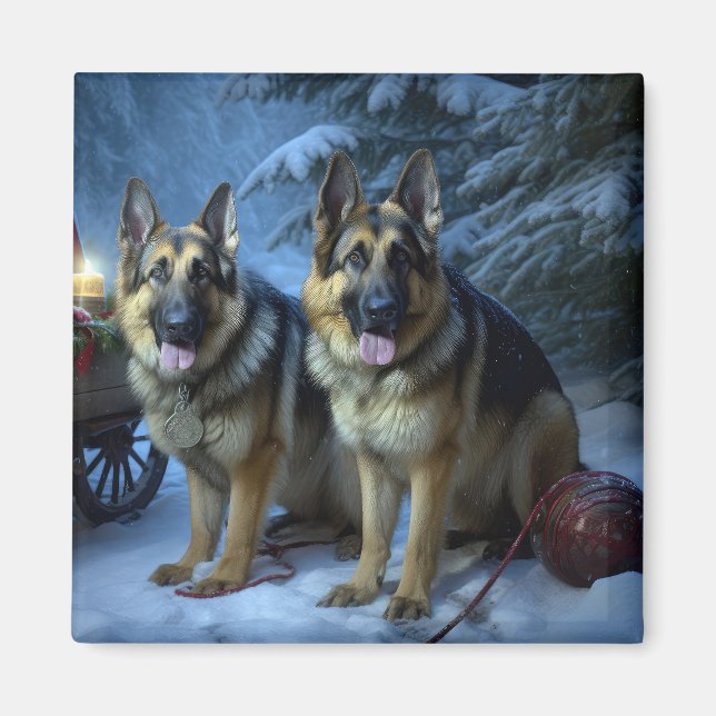 Tysk Shepherd Snowy Sleigh-juldekan Magnet (Framsidan)
