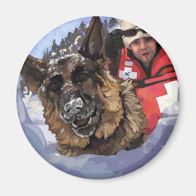 Tysk Shepherd sök- och räddningsoperation i snö Magnet (Framsidan)
