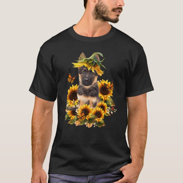 Tysk Shepherd Sunblomma Butterfly Cute Hund T Shirt (Framsida)